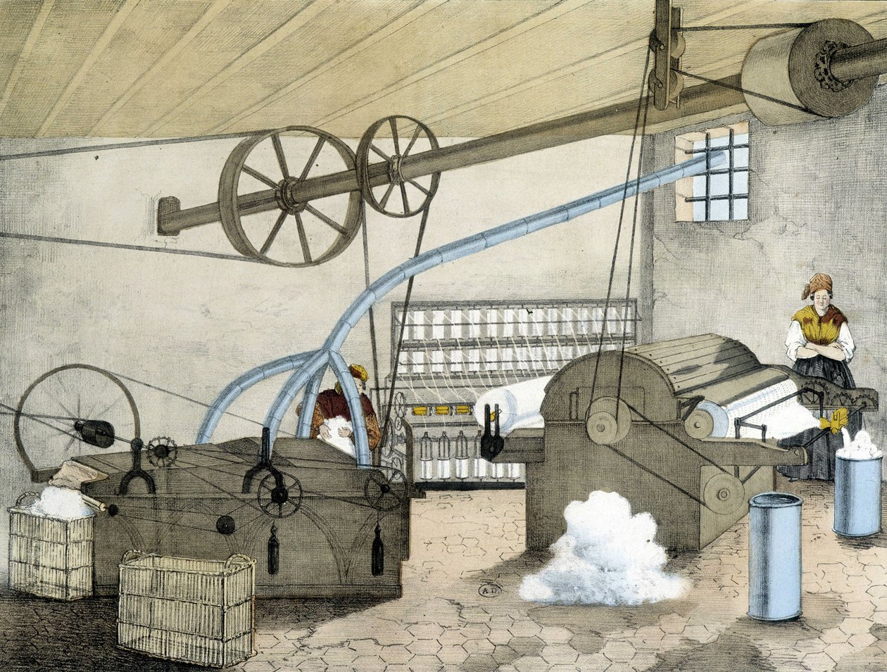 Mekanisk spinning - litho av Janson. 1800-talet. av Victor Janson