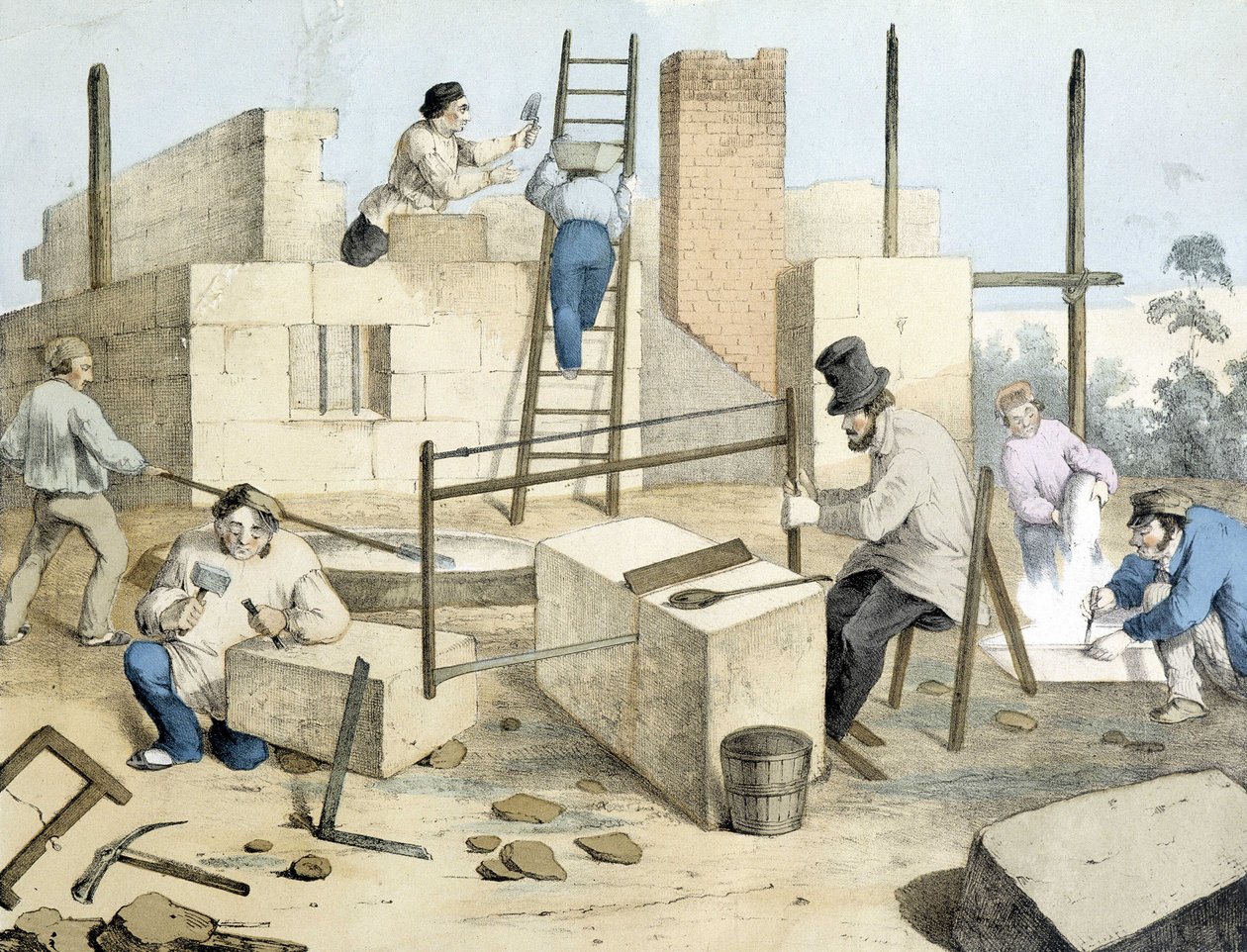 Maconen, skräddaren och stensågaren. Janson litho. 1800-talet. av Victor Janson