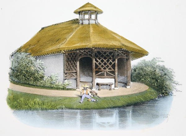 Rustik paviljong, illustration från "Habitations Champetres", Paris, utgiven ca 1895 (kromolit) av Victor Jean Baptiste (after) Petit