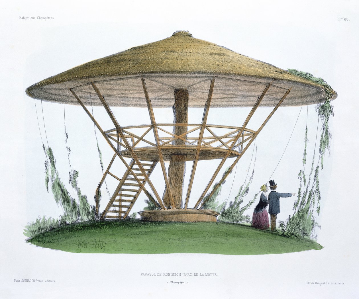 Robinsons parasoll, Parc de la Motte, Bourgogne, från "Habitations Champetres", graverat av bröderna Becquet, omkring 1855. av Victor Jean Baptiste Petit