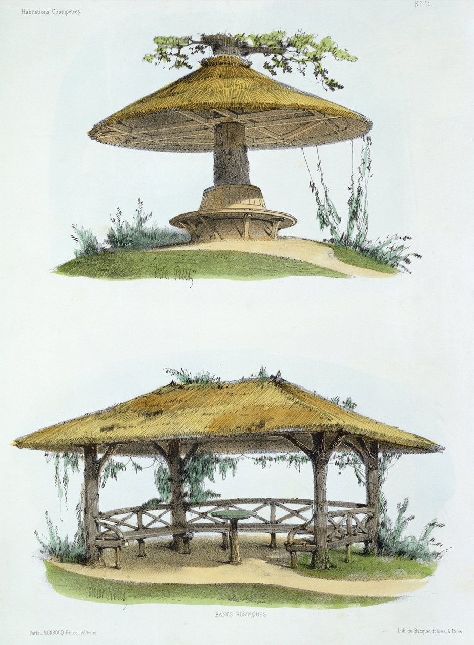 Rustika bänkar, från "Habitations Champetres", publicerad omkring 1855 (kromolitografi) av Victor Jean Baptiste Petit