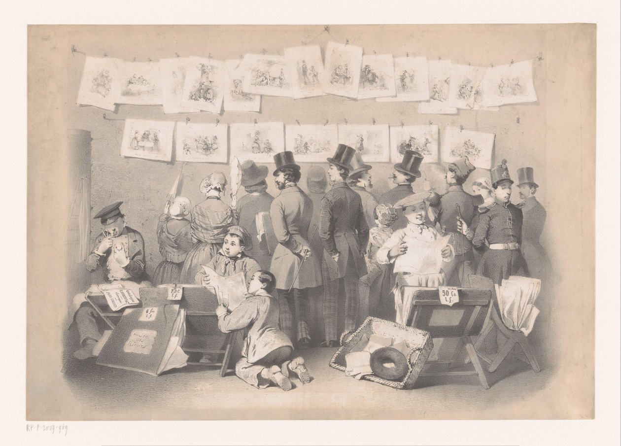 Titelprent med inredning av en prentenwinkel Laughing Museum (serietitel) The Display (serietitel) av Victor Jean François Dollet