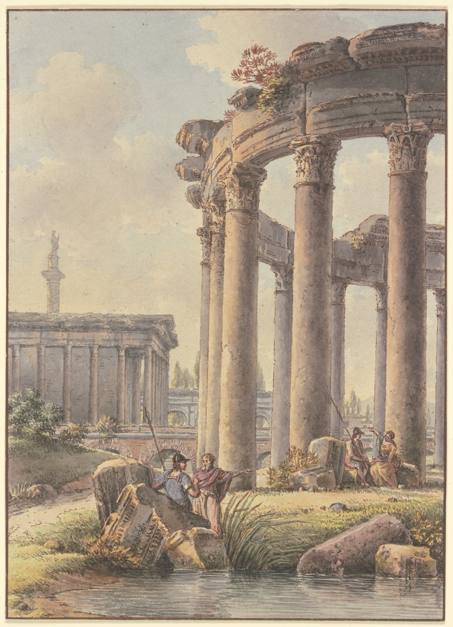 Arkitektoniskt capriccio: ruiner av ett rundtempel, med Trajanuskolonnen i bakgrunden av Victor Jean Nicolle