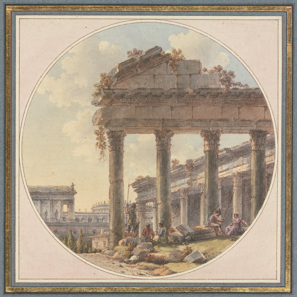 Arkitektoniskt capriccio: tempelruin och staffagefigurer av Victor Jean Nicolle