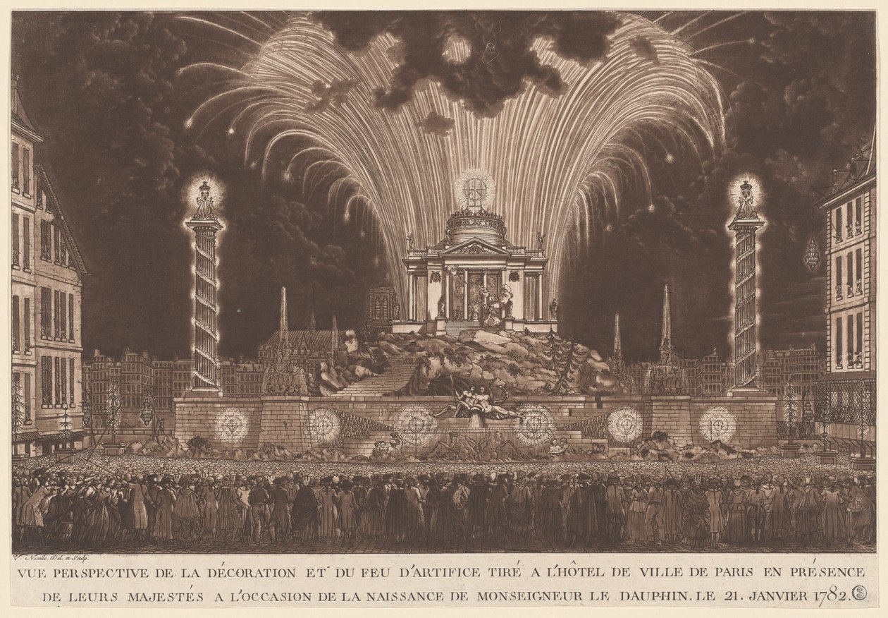 Dekoration och fyrverkerier... Monseigneur le Daufins födelse (Fyrverkerier som firar Dauphinens födelse) av Victor Jean Nicolle