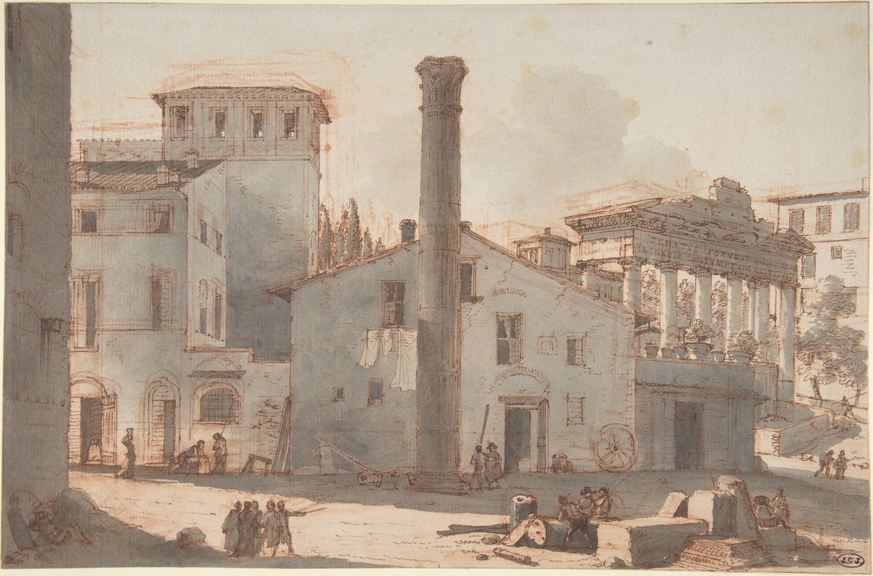 Utsikt över Forum Romanum med Fokaskolonnen och Saturnustemplet av Victor Jean Nicolle