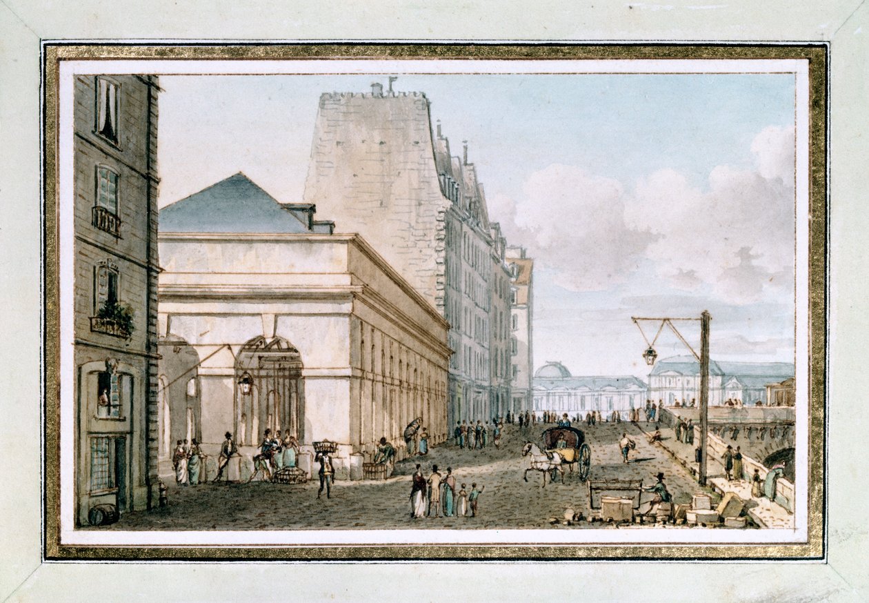 Utsikt över den nya fjäderfämarknaden, belägen på Quai des Augustins nära Pont-Neuf, Paris, ca. 1810 (akvarell) av Victor Jean Nicolle