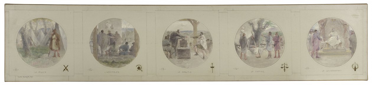 Skiss för Lobau-galleriet i Hôtel de Ville de Paris: La Milice. Församlingen. Röstning. Rättvisan. Regeringen av Victor Jean Pierre Maziès