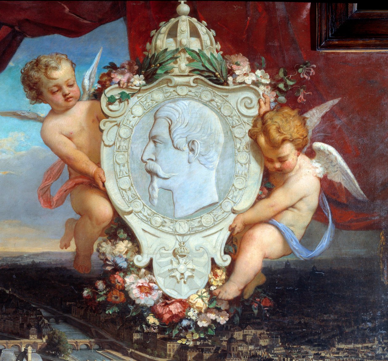 Detalj av: "" Louvren av Napoleon III"" "" Utsikt över Palais du Louvren och porträttet av Napoleon III (1808-1873) i medaljong"" Målning av Victor Joseph Chavet (1822-1906) 1857 Sön. 2,12 x 2,22 m Paris, Louvren. av Victor Joseph Chavet