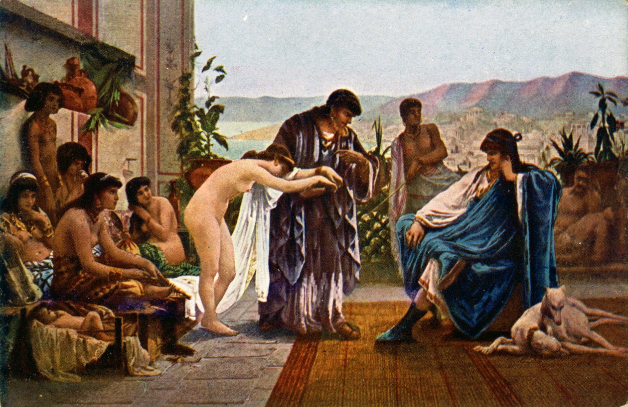 Historia. Antika Rom. Slavhandlare. Illustration av V. Giraud, Tjeckien, ca 1910 (vykort) av Victor Julien Giraud