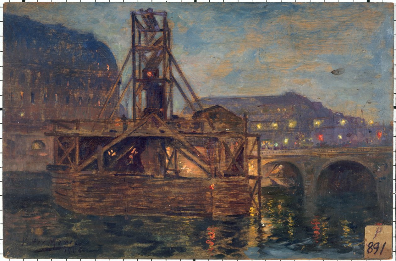 Les travaux du métropolitain au pont Saint-Michel en 1906, i 11-1906 (olja på trä) av Victor Marec