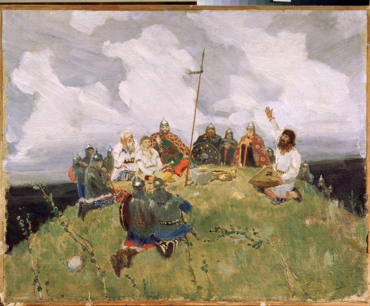 Boyan jouant du gousli (gusli, housli, husli) på 1000-talet (Boyan spelar gusli) - Verk av Viktor Mikhaylovich Vasnetsov (1848-1926), olja på kartong av Victor Mikhailovich Vasnetsov