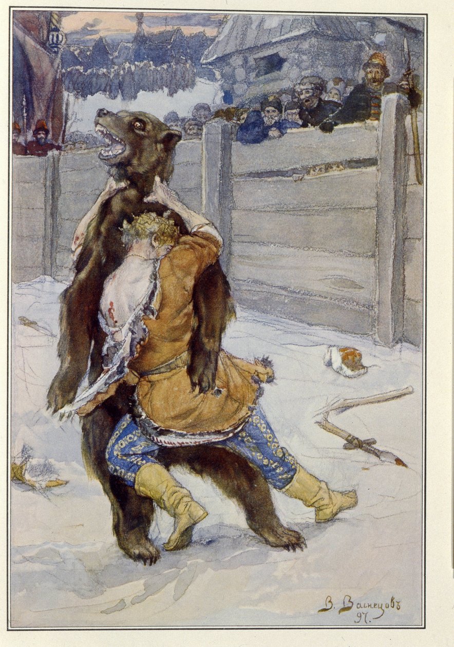 Björnkamp på tsar Feodor I Ivanovich av Ryssland (eller Theodor I Ionovich) av Victor Mikhailovich Vasnetsov