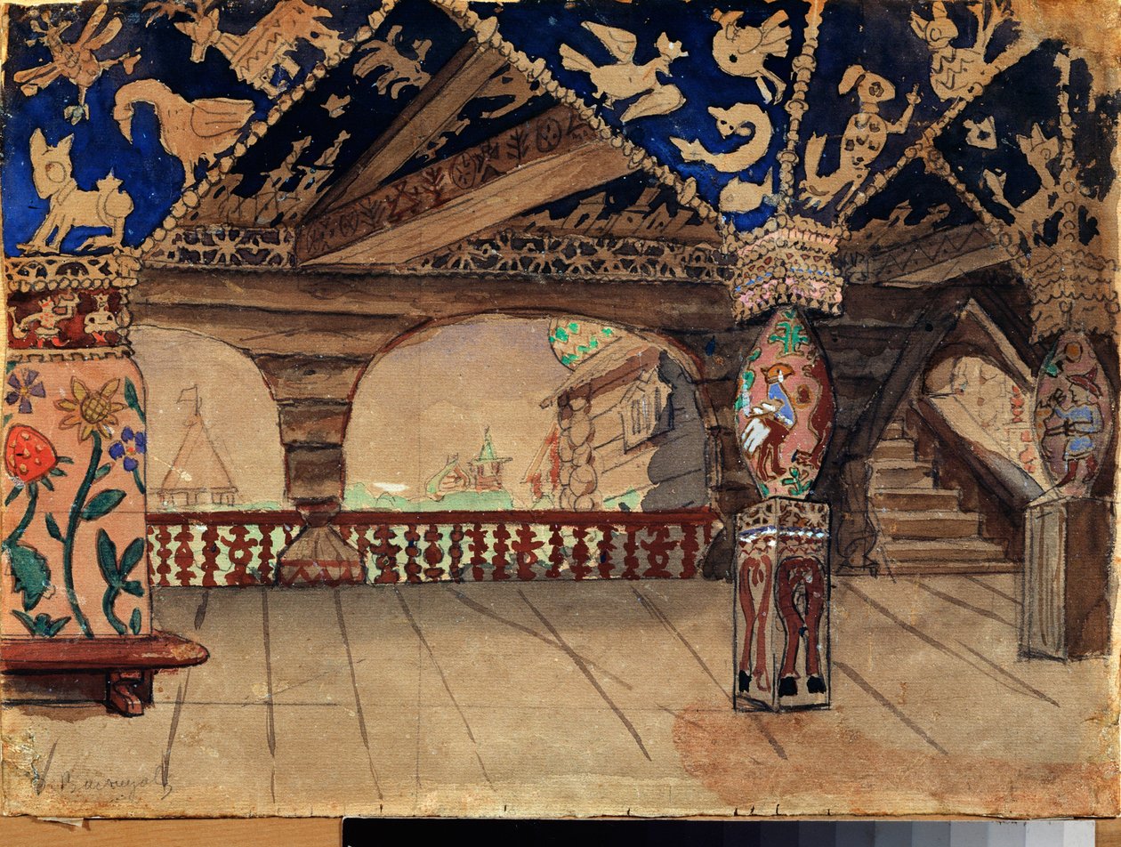Förberedande dekor för teaterpjäsen ""La demoiselle des neiges"" av Alexandre Ostrovski (1823-1886) (Scenografi för teaterpjäsen Snow Maiden av A Ostrovsky) Träterrassen - Verk av Viktor Mikhaylovich Vasnetsov (1848-1926) ) , olja på av Victor Mikhailovich Vasnetsov