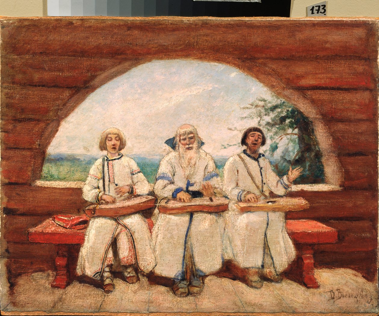 The Gusli Players (The Gusli Players) (traditionellt blinda, tiggarmusiker) - Målning av Viktor Mikhaylovich Vasnetsov (1848-1926), olja på duk av Victor Mikhailovich Vasnetsov