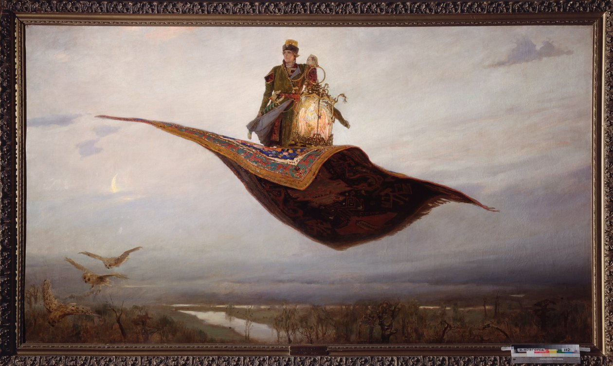 Riding a Flying Carpet - Målning av Viktor Mikhaylovich Vasnetsov (1848-1926), olja på duk av Victor Mikhailovich Vasnetsov