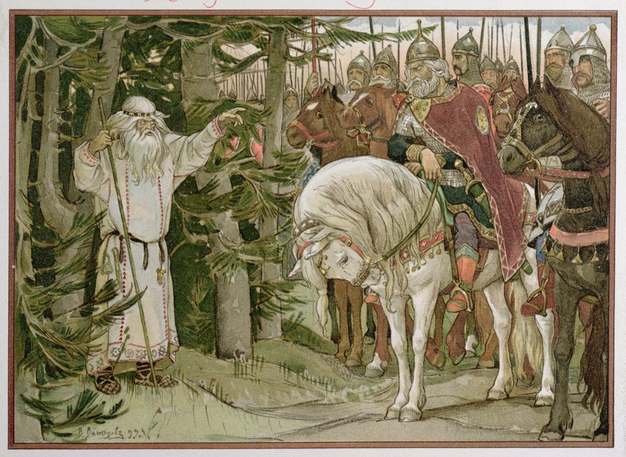 Prins Oleg (d.c.912) möter en spåman som profeterar att hans häst kommer att orsaka hans död, illustration från "Sången om Oleg den vise". 1899 av Victor Mikhailovich Vasnetsov