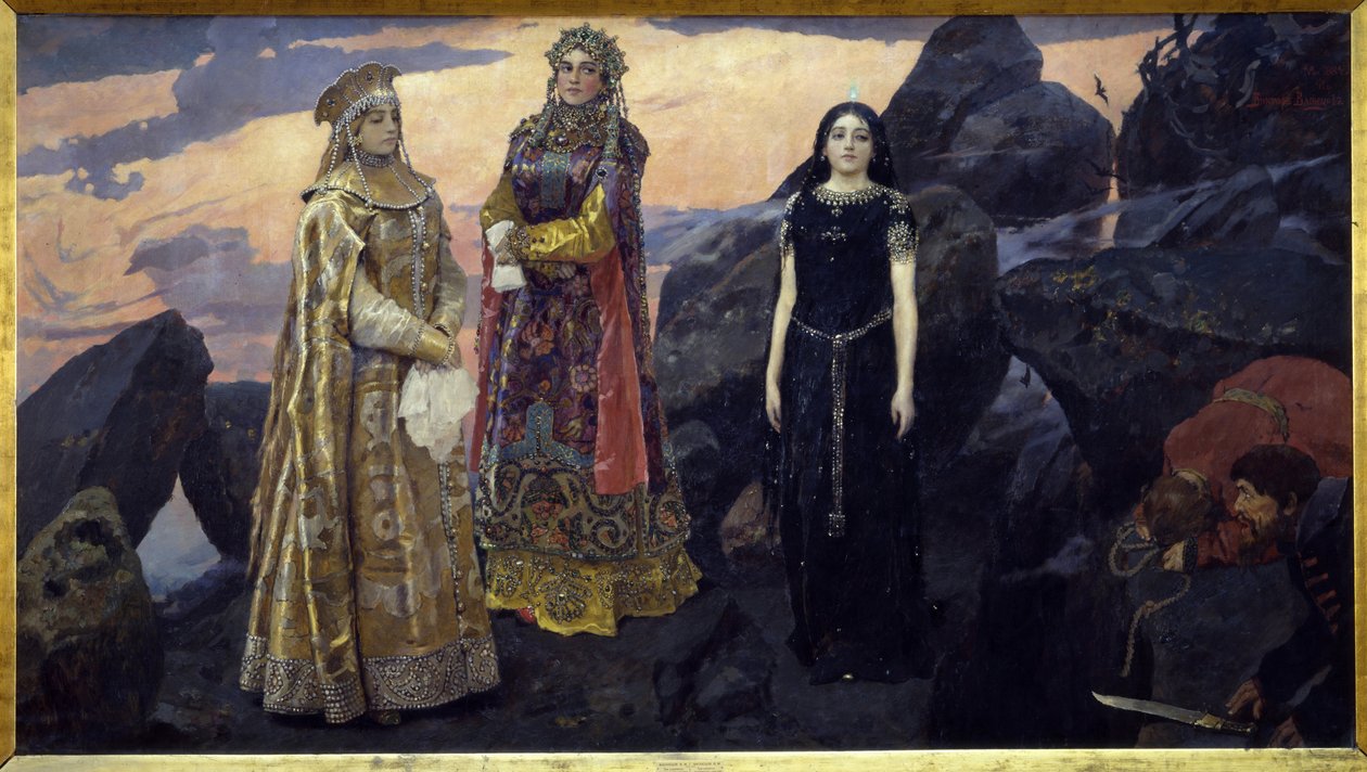 Three Queens of the Underworld. Målning av Viktor Mikhaylovich Vasnetsov (1848-1926), olja på duk av Victor Mikhailovich Vasnetsov