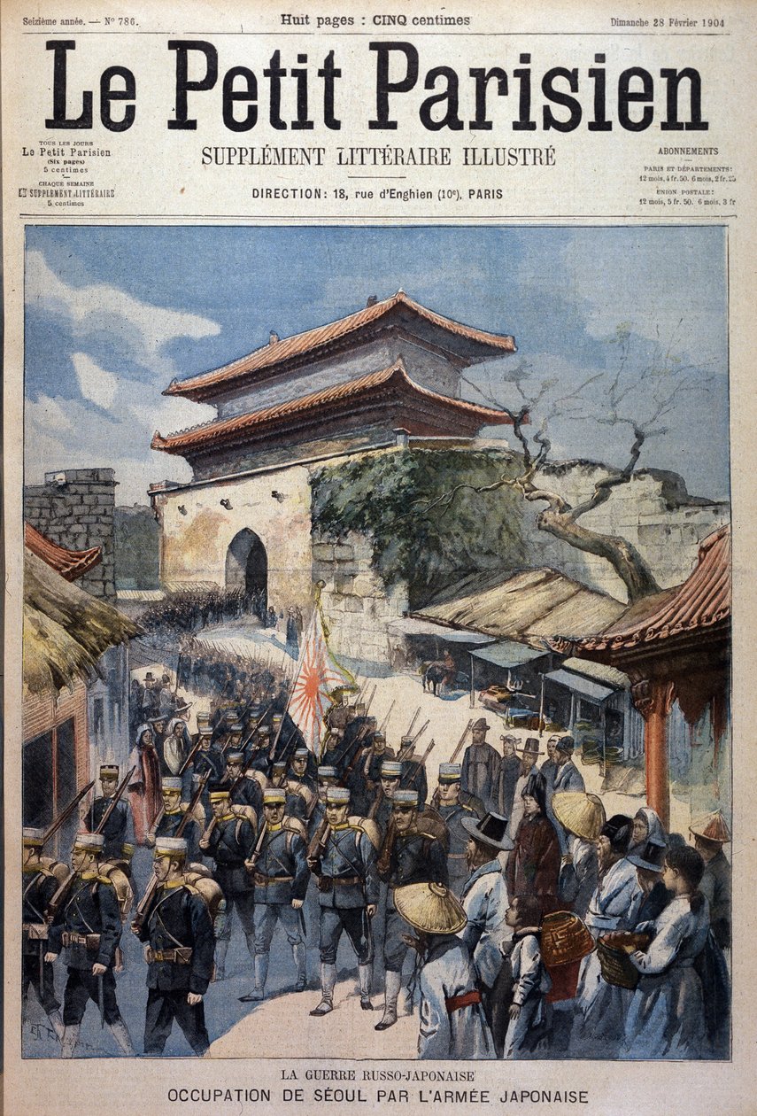 Den japanska armén ockuperar Seoul, Korea - Gravyr från Le Petit Parisien, 1904-02-28 av Victor Mottez