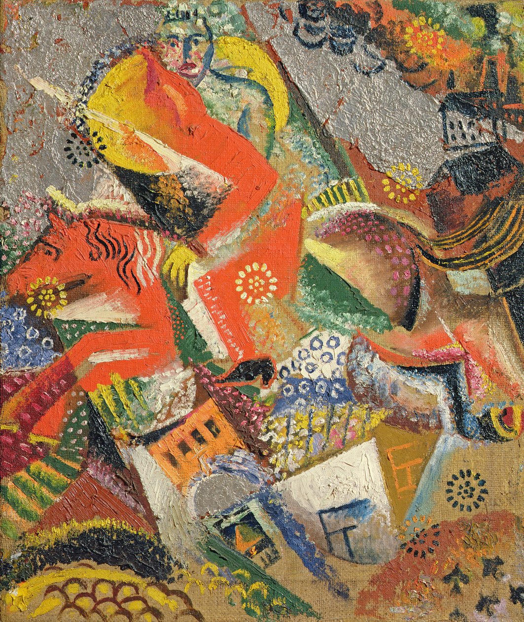 Komposition med Red Horseman, 1920 (olja och folie på duk) av Victor Nikandrovich Palmov