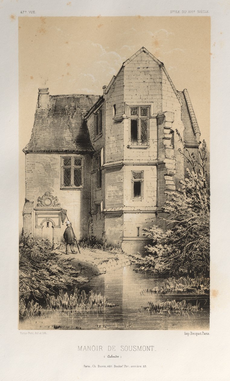 Pittoresk arkitektur eller monument från 1400-talet. Och XVI. Århundraden: Frankrikes slott från XV och XVI århundraden: Pl. 47, Manoir De Sousmont (Calvados) av Victor Petit