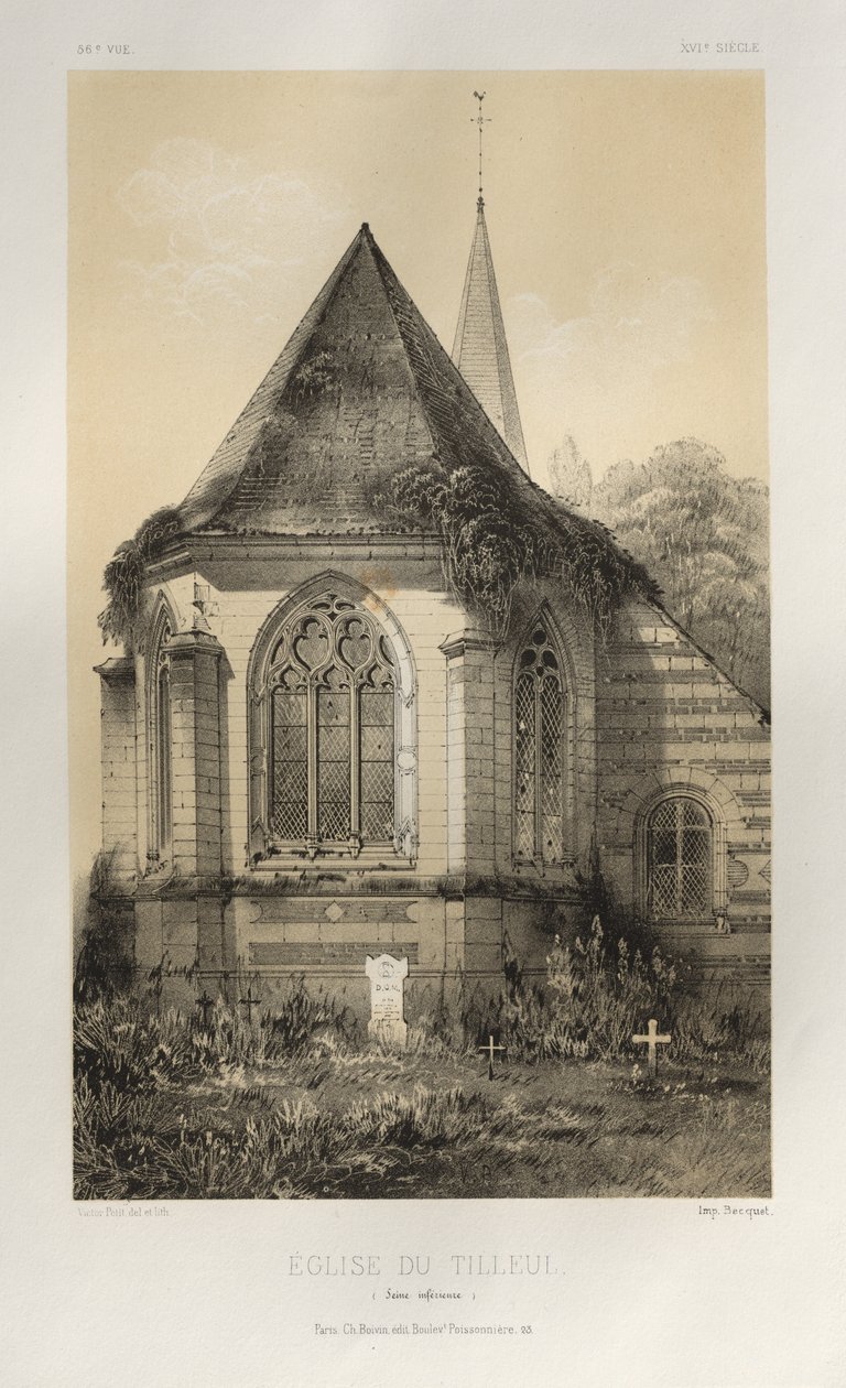 Pittoresk arkitektur eller monument från 1400-talet. Och XVI. Århundraden: Frankrikes slott från XV och XVI århundraden: Pl. 56, Du Tilleul Church (Nedre Seine) av Victor Petit