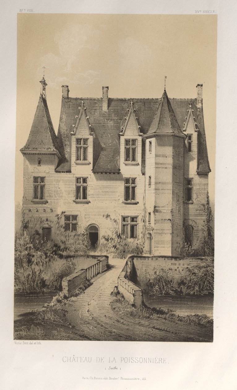 Pittoresk arkitektur eller monument från 1400-talet. Och XVI. Århundraden: Slott i Frankrike från XV och XVI århundraden: Pl. 57, Château De La Poissonnière (Sarthe) av Victor Petit