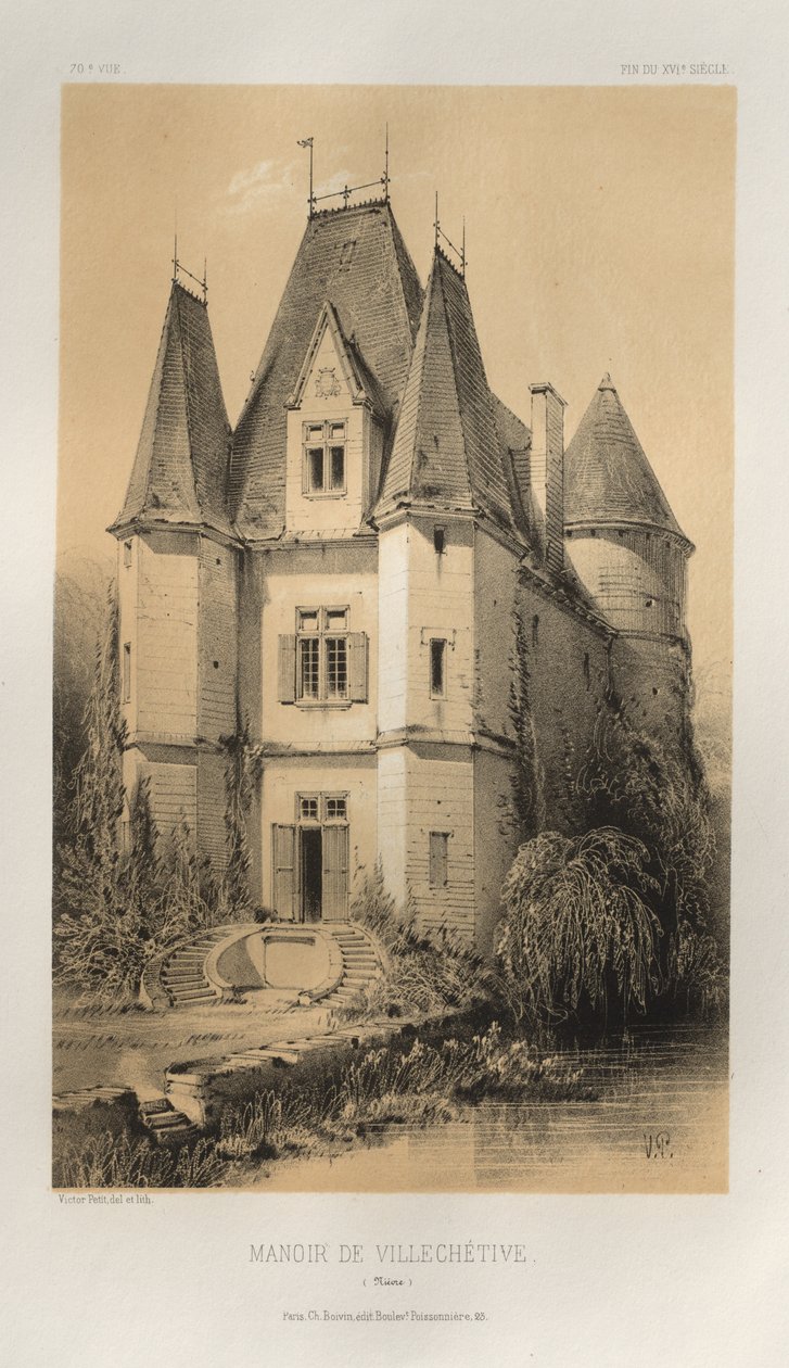 Pittoresk arkitektur eller monument från 1400-talet. Och XVI. Århundraden: Slott i Frankrike från XV och XVI århundraden: Pl. 70, Manoir De Villechétive (Nièvre) av Victor Petit