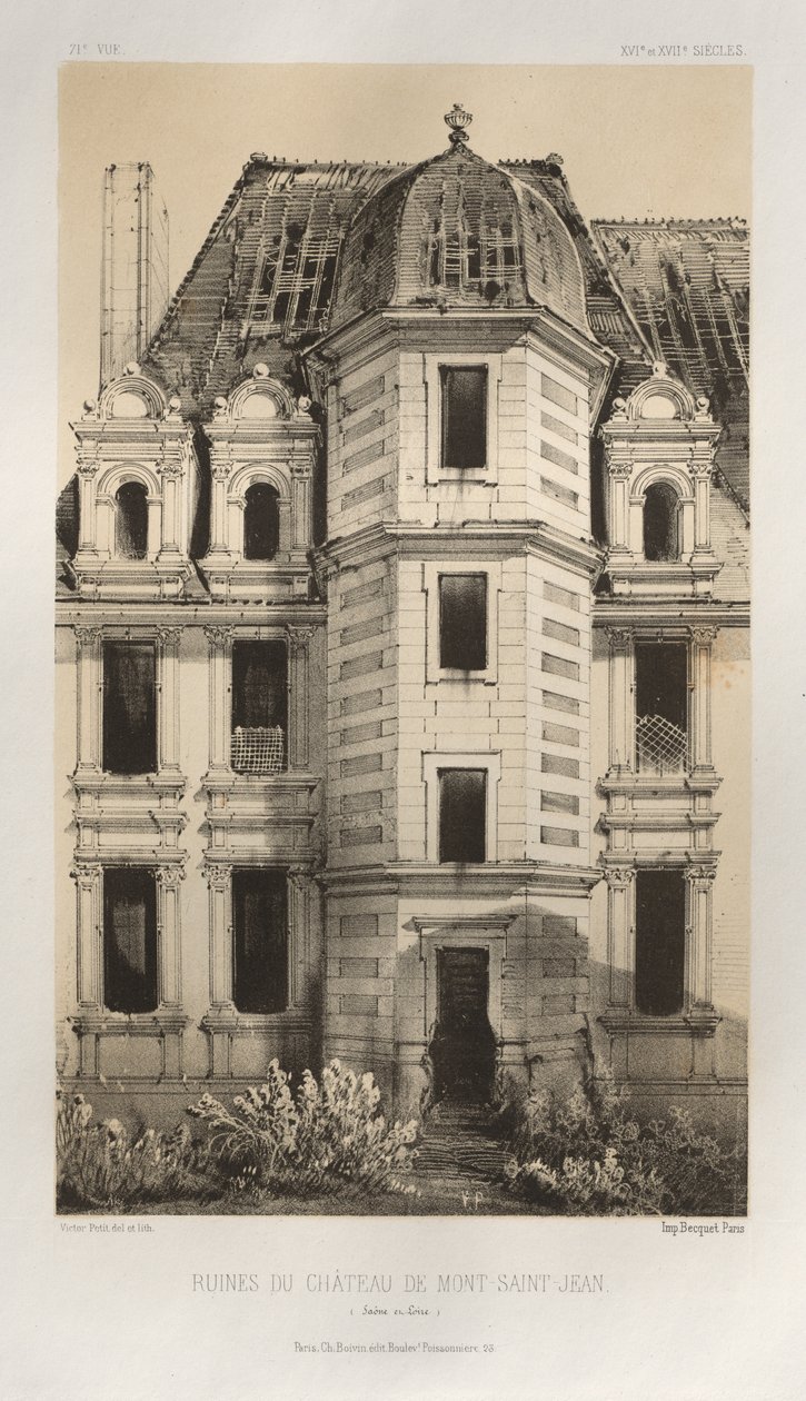Pittoresk arkitektur eller monument från 1400-talet. Och XVI:e. Århundraden: Slott i Frankrike av XV och XVI århundraden: Pl. 71, ruinerna av slottet Mont-Saint-Jean (Saône et Loire) av Victor Petit