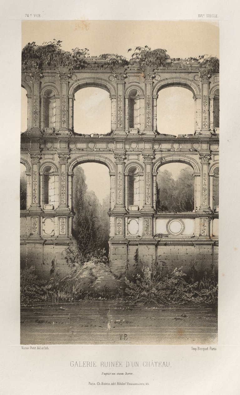 Pittoresk arkitektur eller monument från 1400-talet. Och XVI. Centuries: Castles of France of the XV and XVI Centuries: Pl. 74, Ruined Gallery Of A Castle, efter en gammal teckning av Victor Petit