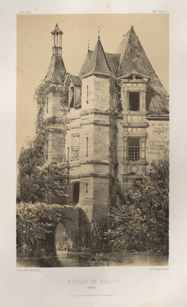 Pittoresk arkitektur eller monument från 1400-talet. Och XVI. Århundraden: Frankrikes slott från XV och XVI århundraden: Pl. 78, Manoir de Belvau (Corrèze) av Victor Petit