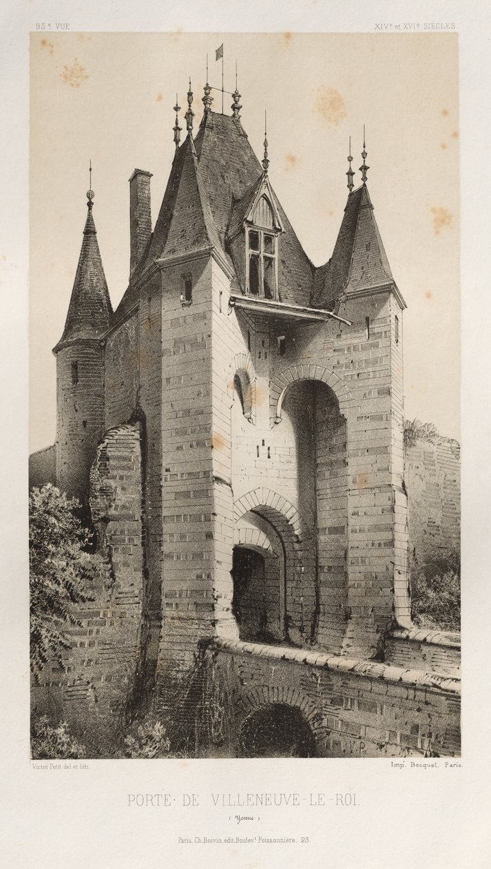 Pittoresk arkitektur eller monument från 1400-talet. Och XVI. Århundraden: Slott i Frankrike av XV och XVI århundraden: Pl. 95, Porte de Villeneuve-Le-Roi (Yonne) av Victor Petit