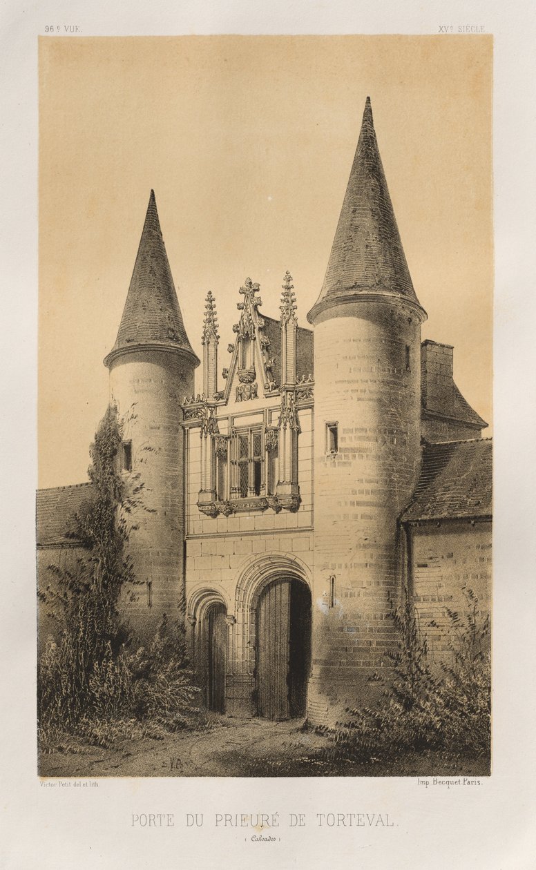 Pittoresk arkitektur eller monument från 1400-talet. Och XVI. Århundraden: Slott i Frankrike från XV och XVI århundradena: Pl. 96, Tortevals klostrets port (Calvados) av Victor Petit