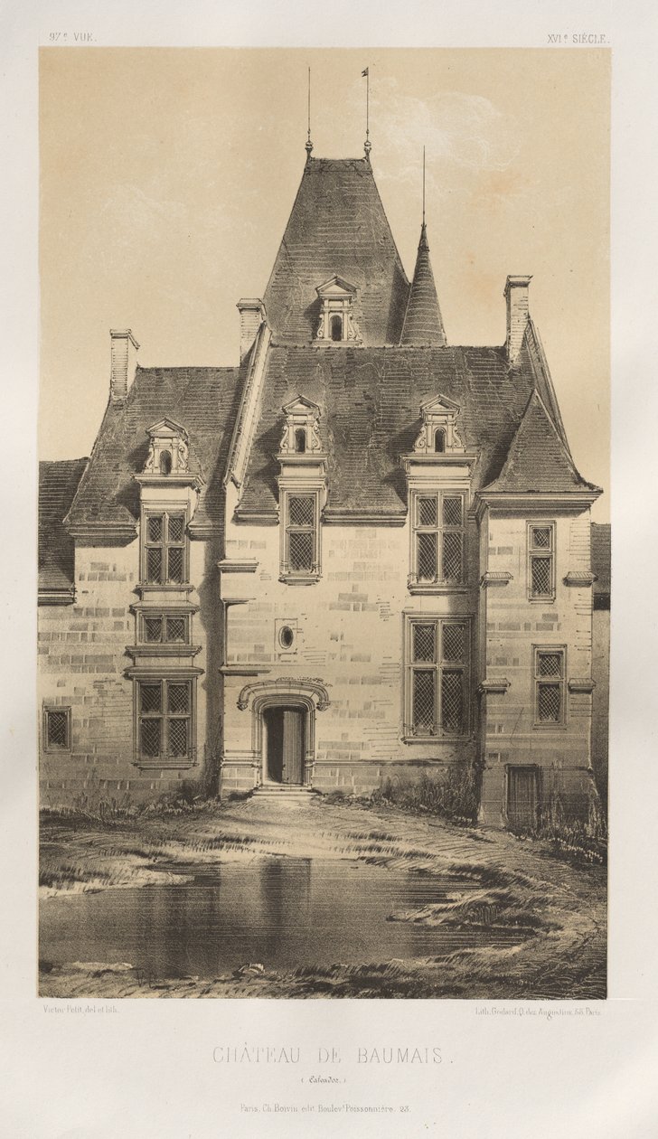 Pittoresk arkitektur eller monument från 1400-talet. Och XVI:e. Århundraden: Slott i Frankrike från XV och XVI århundraden: Pl. 97, Château de Baumais (Calvados) av Victor Petit