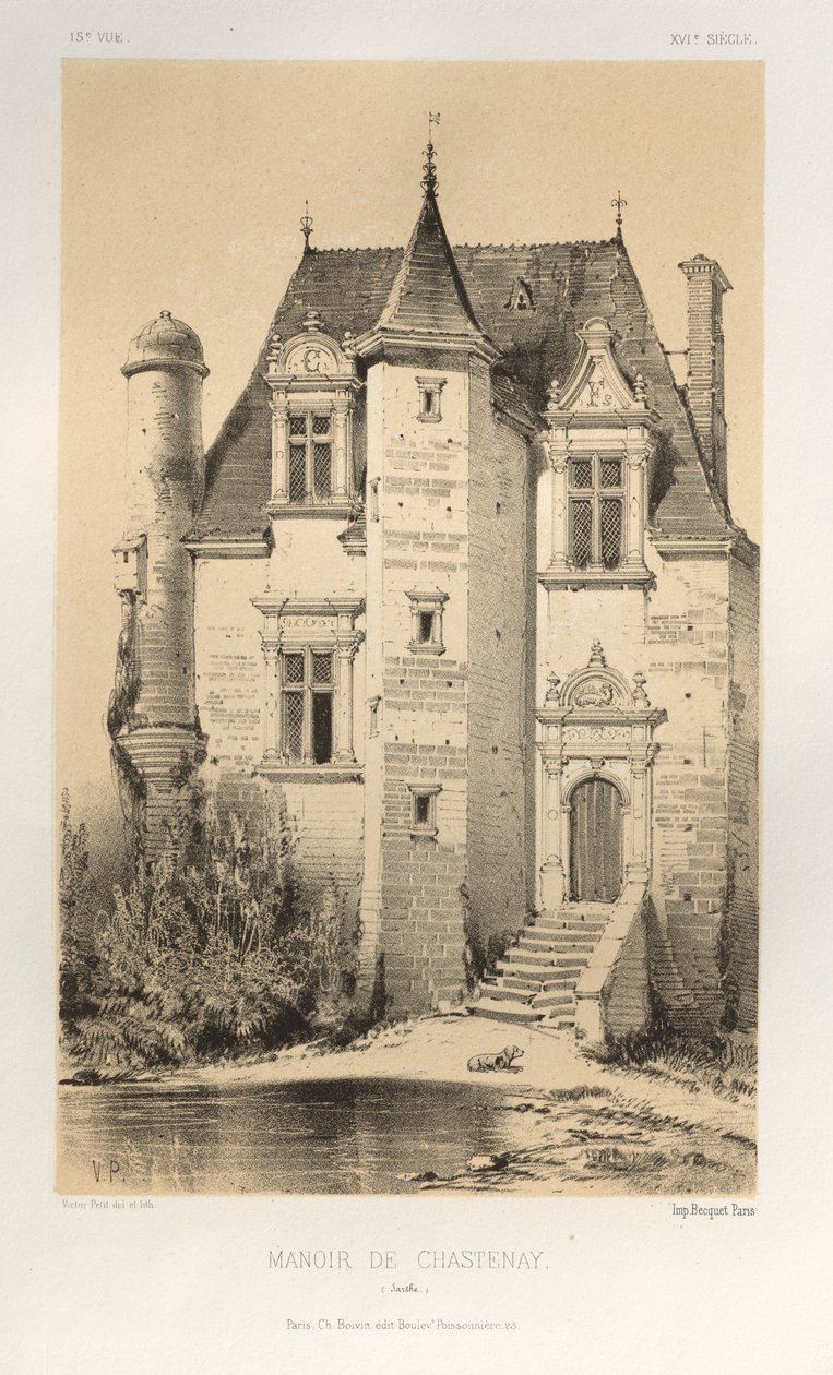 Pittoresk arkitektur eller monument från 1400-talet. Och XVI. Århundraden: Chateaux De France av XV och XVI århundraden: Pl.15, Manoir De Chastenay (Sarthe) av Victor Petit