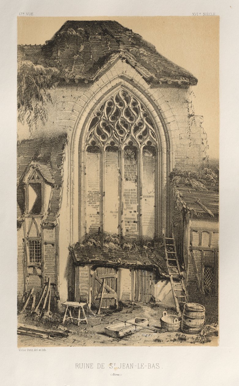 Pittoresk arkitektur eller monument från 1400-talet. Och XVI. Århundraden: Frankrikes slott av XV och XVI århundraden: Pl.17, Ruin of St. Jean-Le-Bas (Aisne) av Victor Petit
