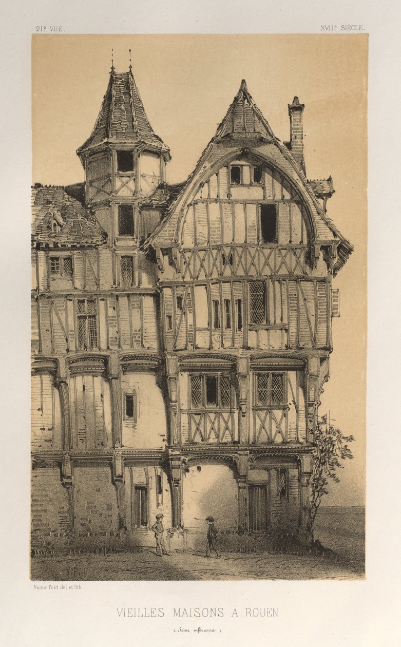 Pittoresk arkitektur eller monument från 1400-talet. Och XVI. Århundraden: Frankrikes slott av XV och XVI århundraden: Pl. 21, Gamla hus i Rouen (Seine-Inferieure) av Victor Petit