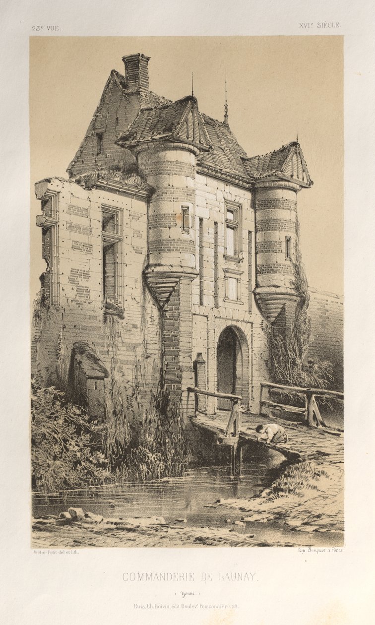 Pittoresk arkitektur eller monument från 1400-talet. Och XVI. Århundraden: Chateaux De France av XV och XVI århundraden: Pl. 23 Commanderie De Launay (Yonne) av Victor Petit