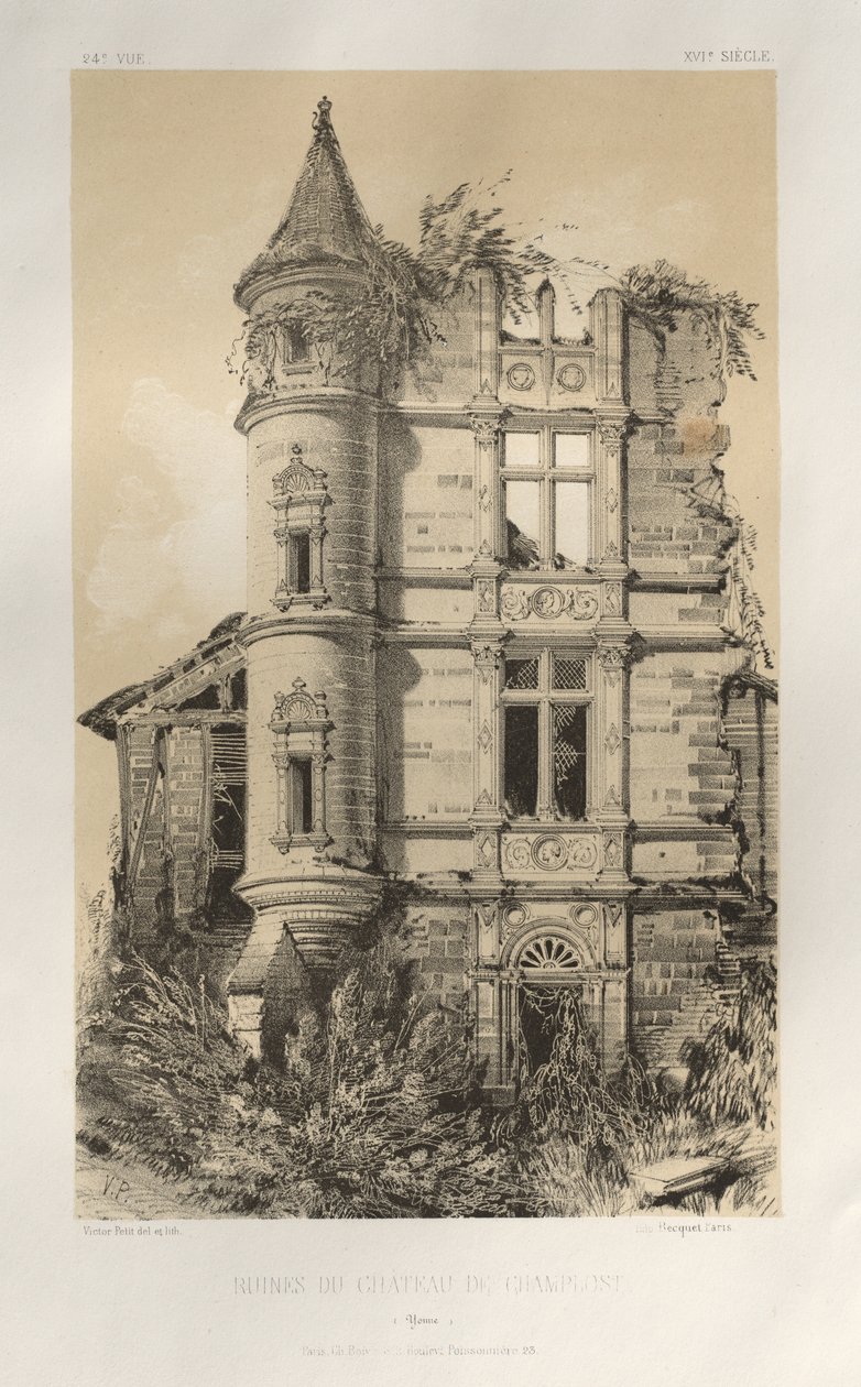 Pittoresk arkitektur eller monument från 1400-talet. Och XVI. Centuries: Chateaux of France of the XV and XVI Centuries: Pl. 24, ruinerna av Chateau De Champlost (Yonne) av Victor Petit