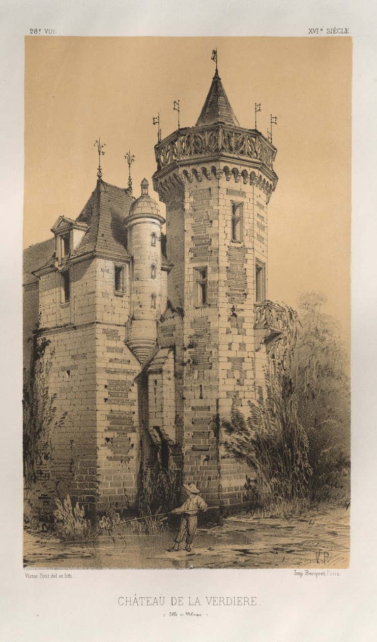 Pittoresk arkitektur eller monument från 1400-talet. Och XVI. Århundraden: Chateaux De France av XV och XVI århundraden: Pl. 28, Chateau De La Verdiere (Ille en Vilaine) av Victor Petit