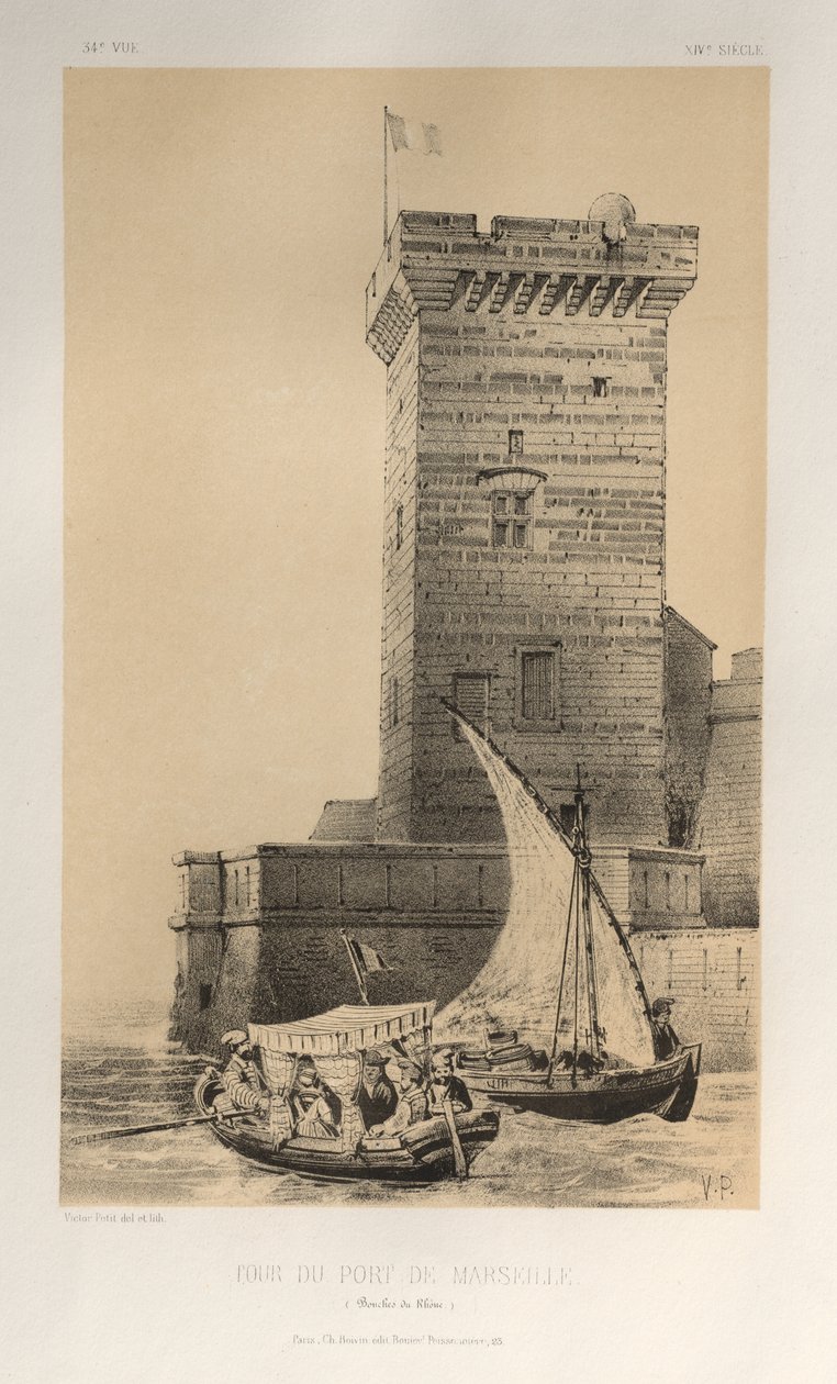Pittoresk arkitektur eller monument från 1400-talet. Och XVI. Centuries: Frankrikes slott av XV och XVI århundraden: Pl. 34, Tornet i Marseilles hamn (Bouches Du Rhône) av Victor Petit