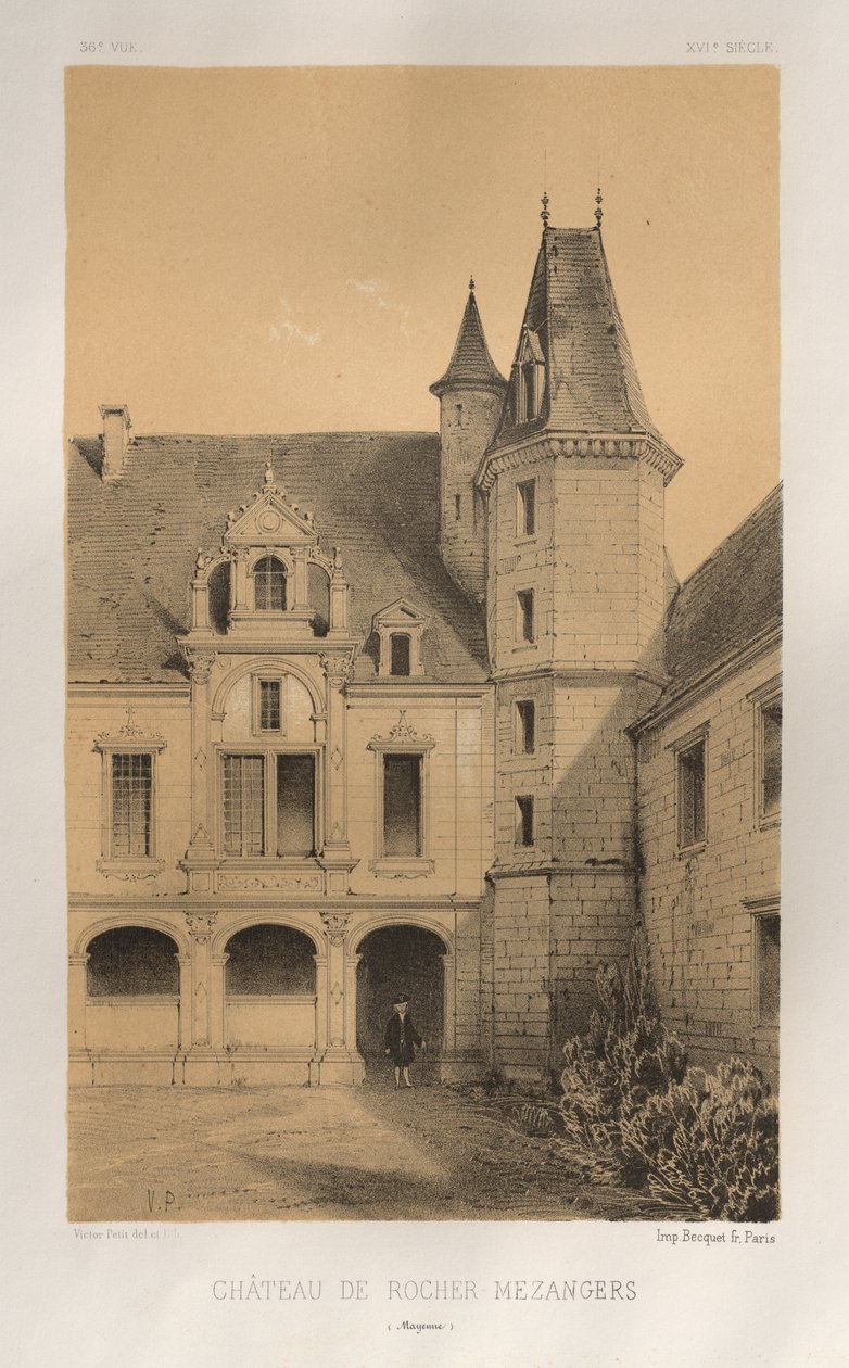 Pittoresk arkitektur eller monument från 1400-talet. Och XVI. Centuries: Chateaux De France av XV och XVI Centuries: Pl. 36, Château De Rocher Mezangers (Mayenne) av Victor Petit