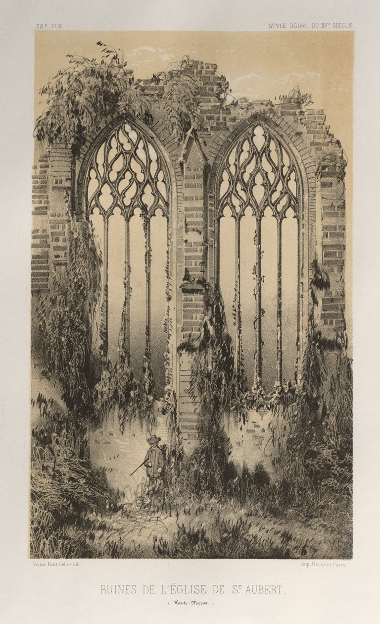 Pittoresk arkitektur eller monument från 1400-talet. Och XVI. Århundraden: Frankrikes slott av XV och XVI århundraden: Pl. 38, ruinerna av kyrkan St Aubert (Haute-Marne) av Victor Petit