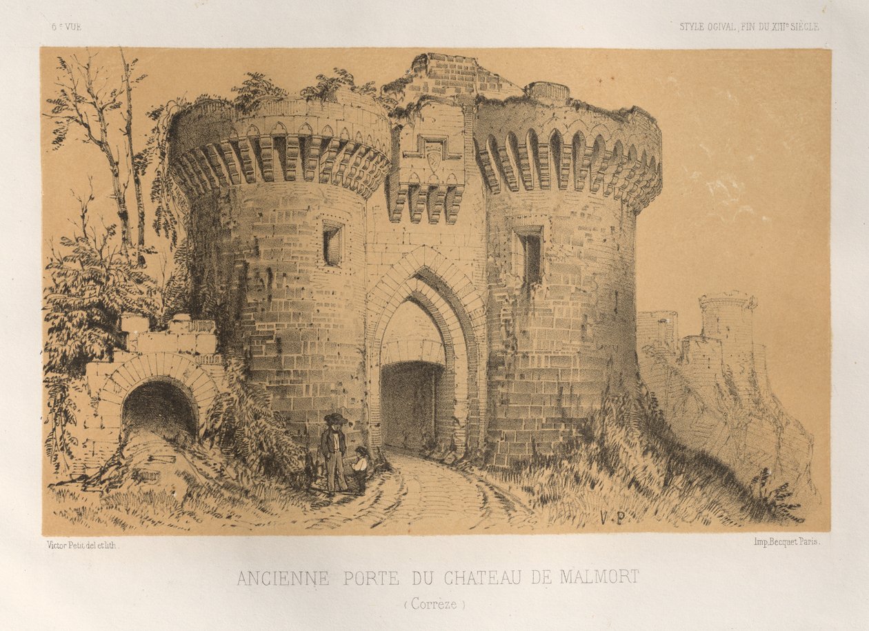 Pittoresk arkitektur eller monument från 1400-talet. Och XVI. Centuries: Chateaux of France of the XV and XVI Centuries: Pl.6, Old Gate of Chateau De Malmort (Correze) av Victor Petit