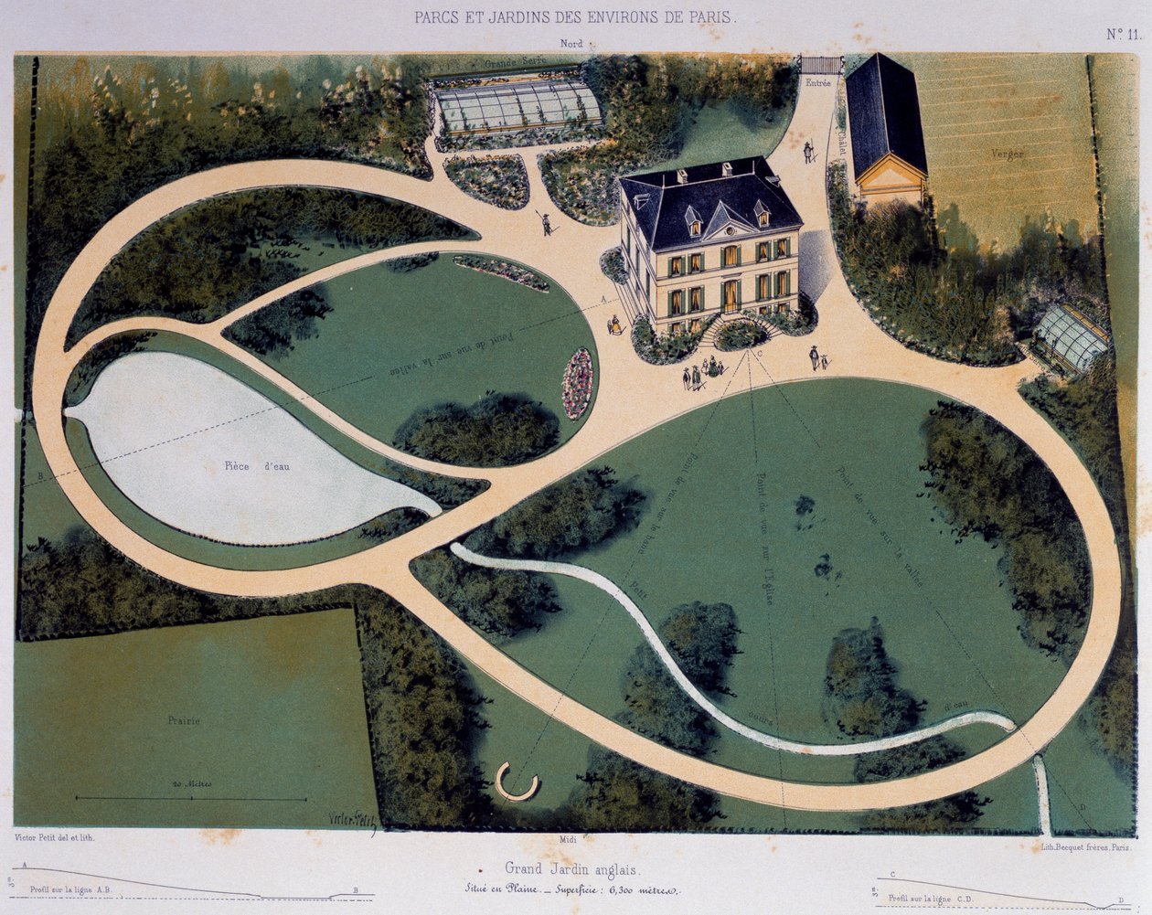 Stor engelsk trädgård på 6300 kvadratmeter, Illustration tagen från Parcs et Jardins des environs de Paris (Parker och trädgårdar runt Paris), Ca 1850, Litografi av Victor Petit (1818-1871), Frankrike av Victor Petit