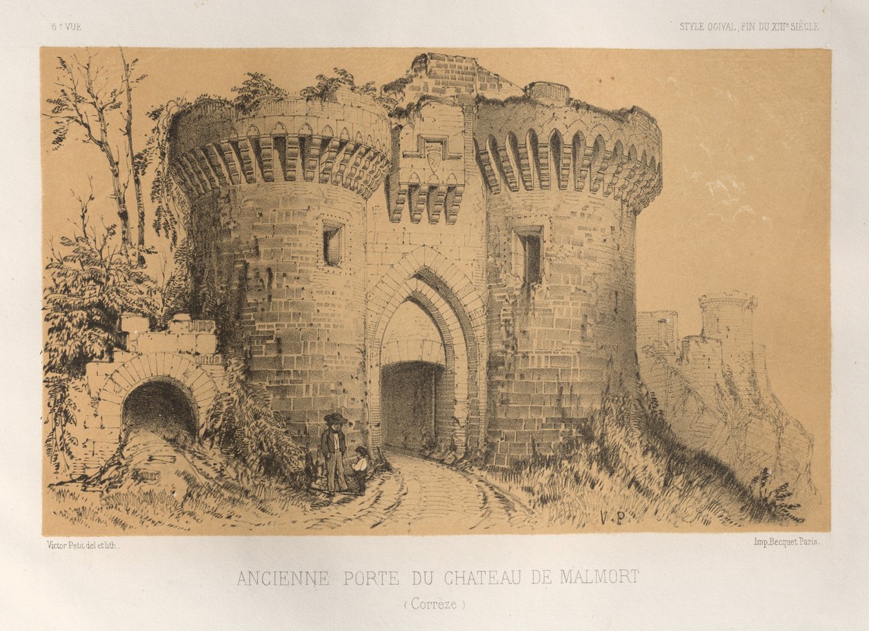 ...Pl.6, Gamla dörren till Chateau De Malmort Correze, 1860. av Victor Petit