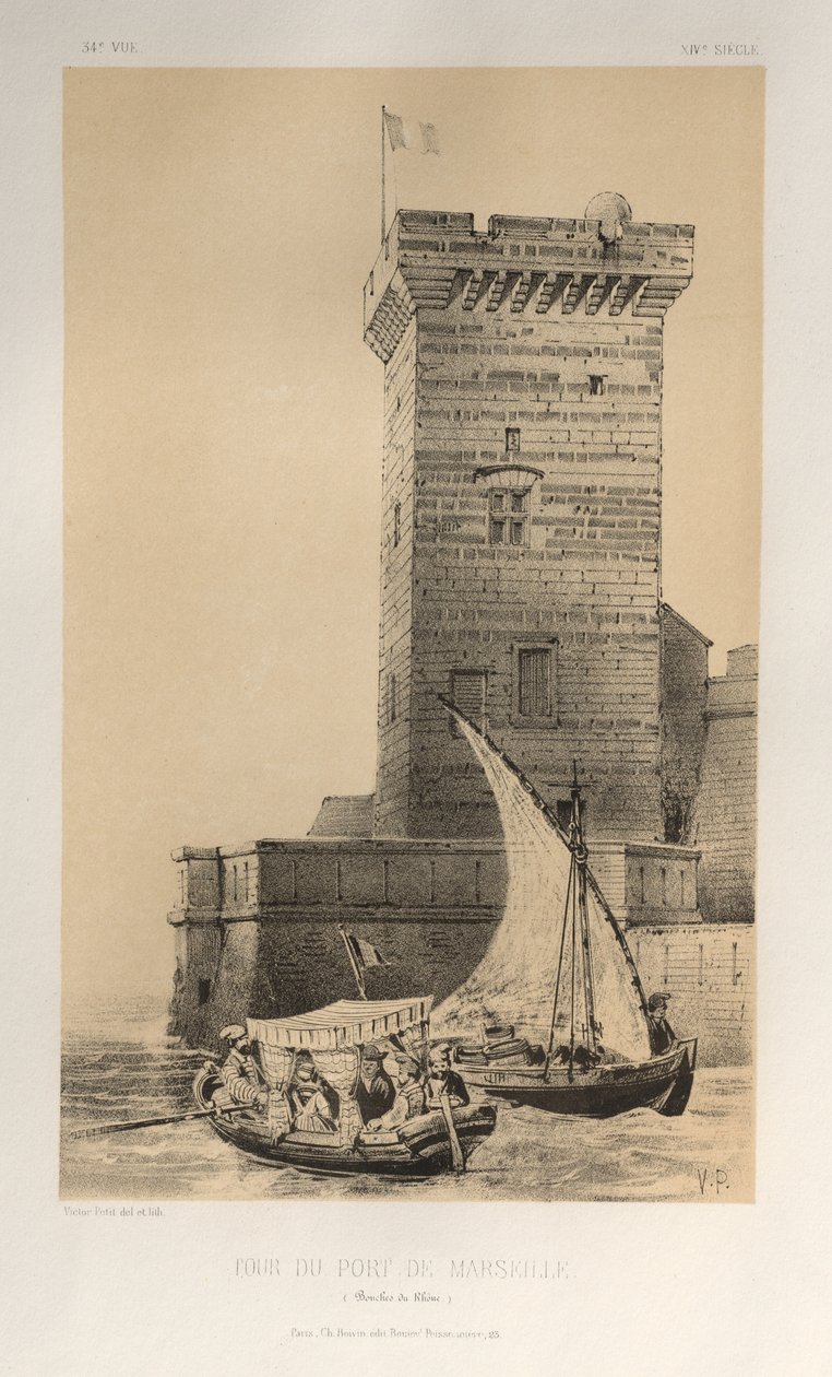 ...pl. 34, Tornet i Marseilles hamn Bouches Du Rhône, 1860. av Victor Petit