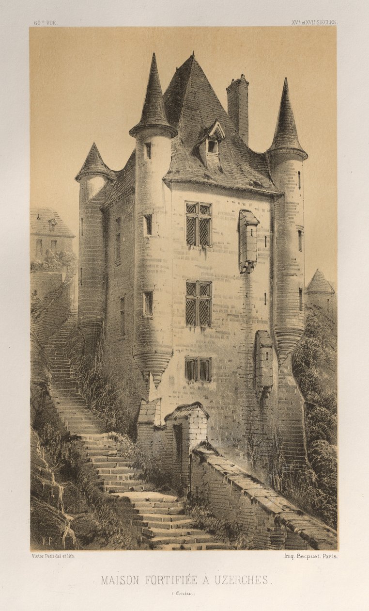 ...pl. 60, befäst hus i Uzerches Corrère, 1860. av Victor Petit