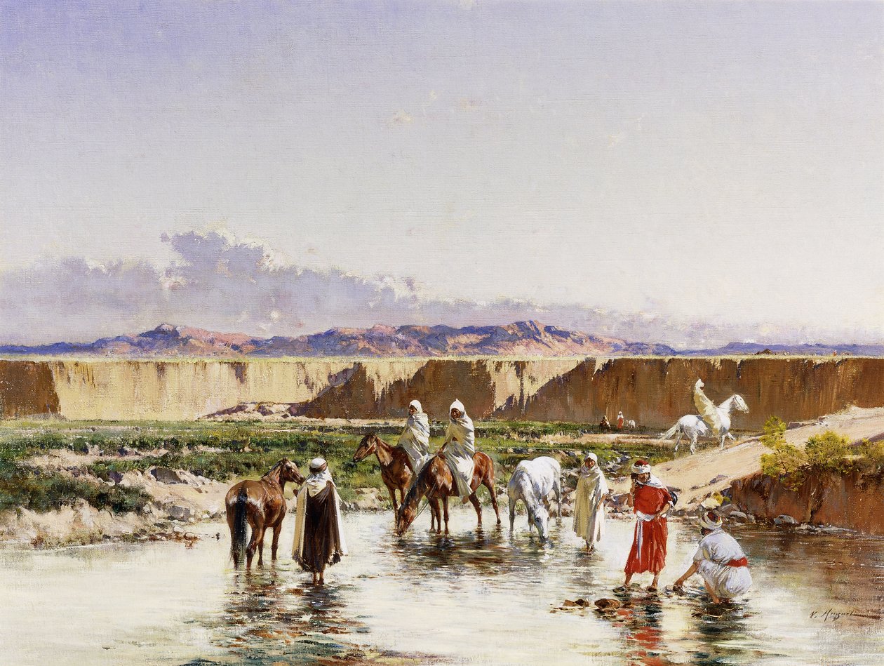 Arabiska ryttare som vattnar i en oas, av Victor Pierre Huguet