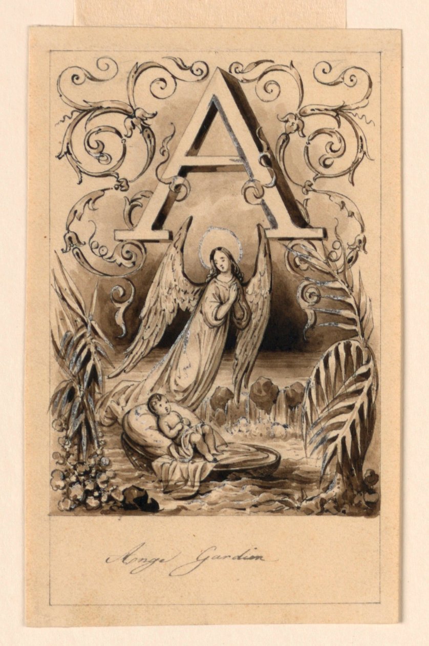 Design för bokstaven A i en primer: Ange Gardien (Guardian Angel) av Victor Vincent Adam